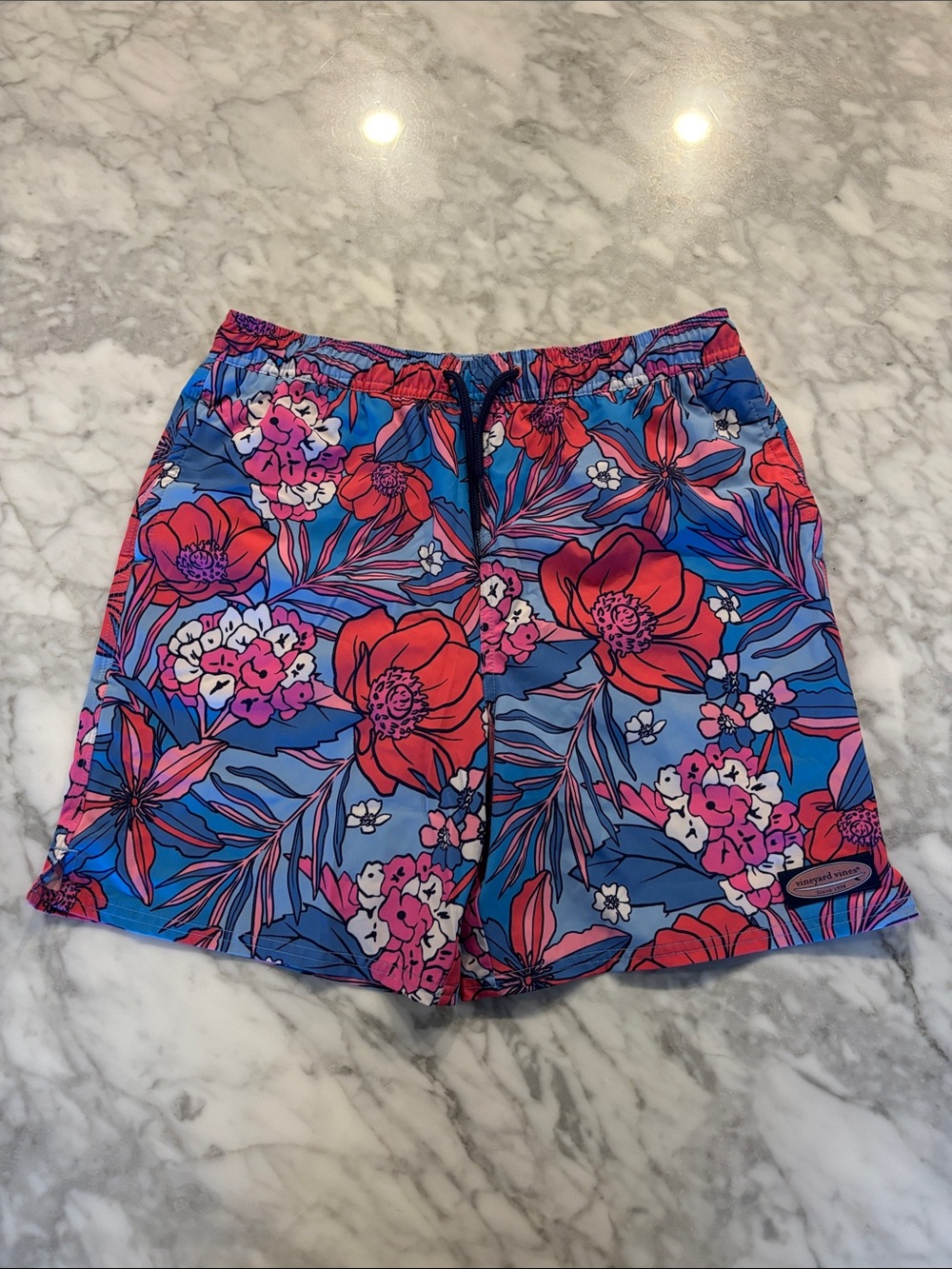 Boys Vineyard Vines Floral Swim Trunks in Blue and Pink, size XL